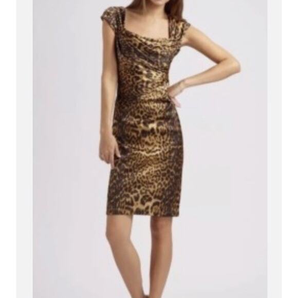 Tadashi Shoji Animal Print Sheath Dress Sz 4 Ruched Cap Sleeves Leopard Satin - Picture 2 of 12